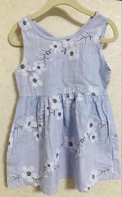 水色 花柄刺繍 ノースリーブワンピース