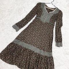 ILGWU✨美品　フレアワンピース　小花柄　レース　カントリー　ブラウン　（7）