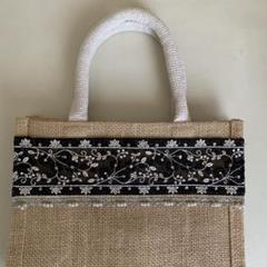 インド刺繍リボン　ジュートバッグ　A6横型 両面アレンジブラック　パールブレード