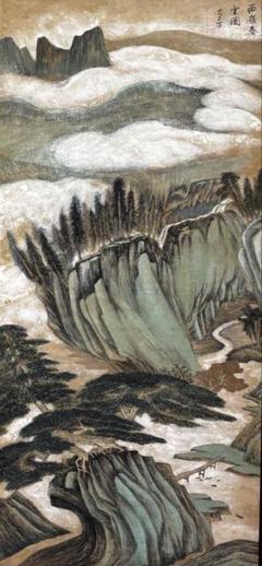 水墨画　掛軸　西嶺春雲図 謝光力画　中国　絵画　山水　張大千大風堂　カラー 水墨画 掛軸 西嶺春雲図 謝光力画 中国 絵画 山水 張大千大風堂
