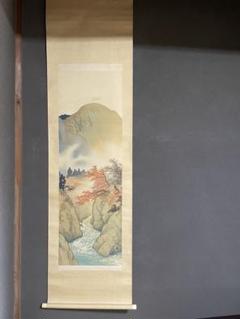 【京都東山清水寺紅葉図(紅葉秋雨)】浅野鶴汀 1003 秋景 共箱 掛け軸 肉筆 京都東山清水寺紅葉図(紅葉秋雨)】浅野鶴汀 1003 秋景 共箱