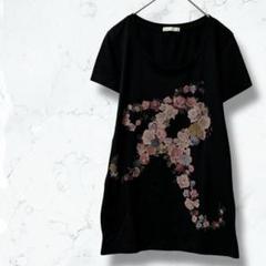 2304＊ジーユー＊Tシャツ 黒 S 半袖 花柄 丸首 カジュアル 春夏