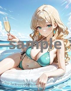 AI美女 アニメ イラスト A4ポスター 海に浮かぶシャンパンと彼女 @198