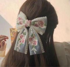 新品　バレッタ　リボン　花柄　刺繍 ヘアクリップ 大きなリボン　アクセサリー
