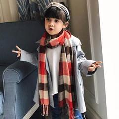 キッズ マフラー ネックウォーマー チェック 格子柄 フリンジ ロングマフラー