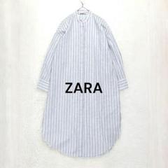 ザラ◇ZARA ストライプロングシャツワンピース バンドカラー ライトブルー S