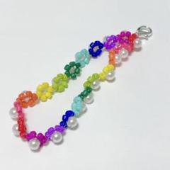 ハンドメイド ビーズストラップ レインボー キーチャーム