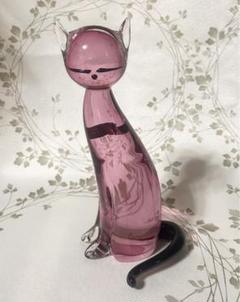 イタリア ITARY ピンク ガラス 猫の置物 約27cm