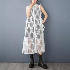 おしゃれ度高め シャツワンピース レース柄 ベスト 折り衿 ノースリーブ