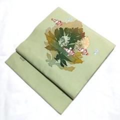 5k1975 名古屋帯　染め　手書き　西洋　城　ベージュ　茶色　緑　柄物　和装 5k1975 名古屋帯染め手書き西洋城ベージュ茶色緑柄物和装