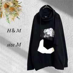 H&M ハイネックスウェット M 黒 ビックプリント 裏起毛 3097