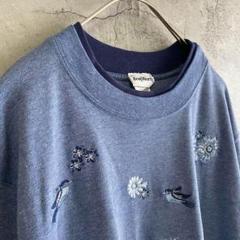 古着 花びら 鳥 アメリカ輸入 刺繍 Tシャツ 半袖 XLサイズ