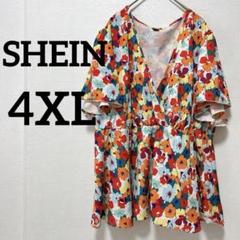 SHEIN 【4XL】Vネック 半袖 トップス チュニック 花柄 カラフル