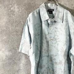 LANDS' END　総柄シャツ　リネンシャツ　ブルー　花柄 ハイビスカス