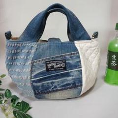 リメイクデニム　六角形バッグ　　ふんわり丸い　キナリキルティング×ダメージデニム