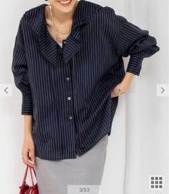 【極美品】ノーリーズ　ラッフルカラーブラウス　ネイビーストライプ 極美品】ノーリーズ ラッフルカラーブラウス ネイビーストライプ