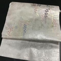 三通名古屋帯　お太鼓　藤の花　シルバー　ポリエステル　554-8