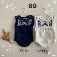 ネイビー 花柄刺繍ロンパース 80サイズ 韓国子供服 夏