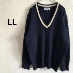 メンズ LL Vネック 配色 長袖ニット 袖刺繍　ネイビー スクールセーター 紺