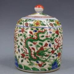青花五彩着花竜紋蓋缶 景徳鎮 陶磁器 装飾品 現代工芸品 美術品