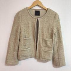 Y497 フォクシー ノーカラージャケット ベージュ　ツイード生地　L相当