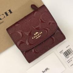 COACH コーチ 三つ折り財布 シグネチャー エンボス エナメル レッド