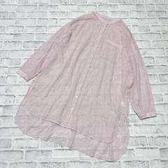 【スタジオクリップ】バンドカラー ロングシャツ ストライプ 透け感 ピンク系 F