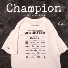 Champion白Tシャツ 企業ロゴ　Disney RON JON オリンピック