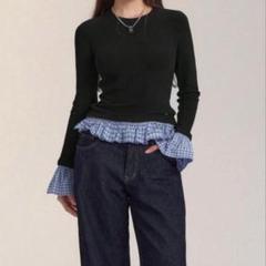フリル付き黒長袖トップス　韓国