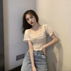 半袖シャツ ティアードフリル Tシャツ ショート丈 プリーツ 韓国 ベージュ L
