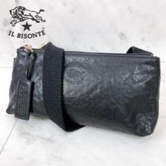 イルビゾンテ ショルダーバッグ 型押し ゴールド金具 レザー ブラック 美品】イルビゾンテ ショルダーバッグ 黒 本革 型押しロゴ