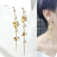 No.485 華奢とろみチェーン マットゴールド お花とパールのピアス
