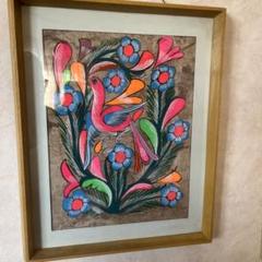 カラフルな鳥の絵 木製フレーム 約34cm x 42cm