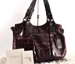 美品 FURLA フルラ クロコ型押し ハンドバッグ ワインレッド 保存袋付き