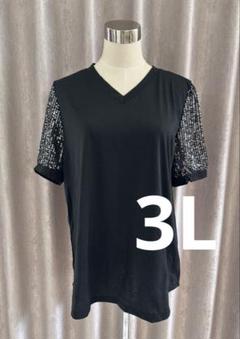 XL スパンコール袖 Vネック 半袖Tシャツ 黒
