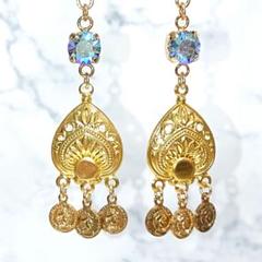 再販無し★【ピアス】コインモチーフシャンデリア風 エスニックアジアン ブルー