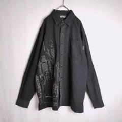 シャツ (L) 刺繍 AB-TECH 羽織り 長袖 両面プリント 黒系 古着