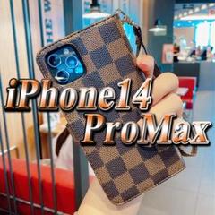 チェック柄 茶 iPhone14ProMax 手帳型 カバー iPhoneケース