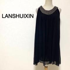 LANSHUIXIN ブラック ビジューデザイン ノースリーブ フレアドレス