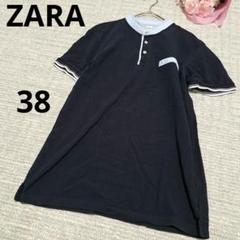ZARA ザラ コットン100% バンドカラーシャツ 半袖 ネイビー 夏 38
