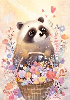 1010 オリジナル アニマルステッカー 動物 タヌキとお花 4枚