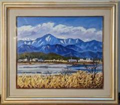 【真作】絵画　油彩8号　雪残る山並みと川辺の風景　田園と自然の調和　W140 真作】絵画 油彩8号 雪残る山並みと川辺の風景 田園と自然の調和