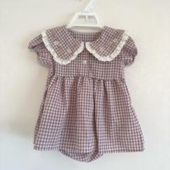 【美品】ママラク　ピンク✖️白　ギンガムチェック　ロンパース　花柄