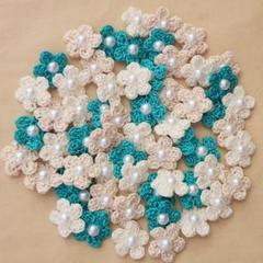 【お得セット】花モチーフ60枚(5枚花びら半円パール付)3色(グリーン)レース糸