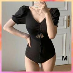 ♡夏 袖ありブラックワンピース水着 大人上品 体型カバー きれいめデザイン
