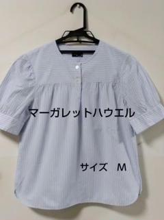 【美品】マーガレットハウエル　コットンシャツ　ストライプ　半袖　ハーフボタン　2 美品】マーガレットハウエル コットンシャツ ストライプ 半袖