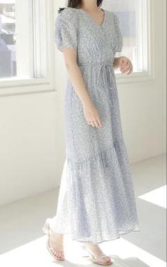 Heather ブルー花柄ロングワンピース 半袖