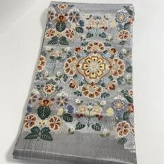 M235 夏帯　華文　唐花　唐織　グレー　正絹　袋帯　美品