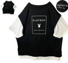 PLAY BOYプレイボーイでかロゴ重ね着風Tシャツ男女兼用ゆったりサイズ