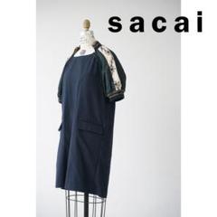 19AW sacai サカイ ピンストライプ 切替 半袖 刺繍 ワンピース